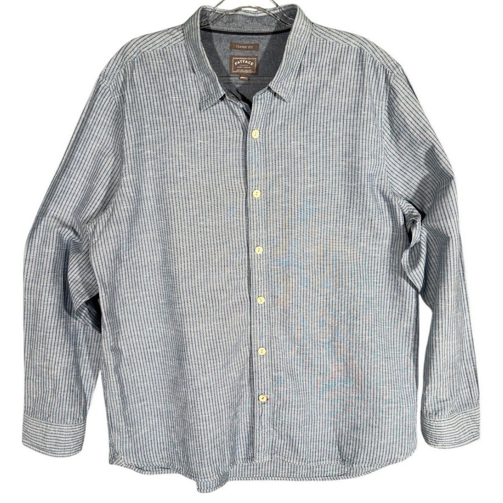FatFace Button Down Shirt Mens XXL Navy Blue Striped Linen Cotton Blend Casual